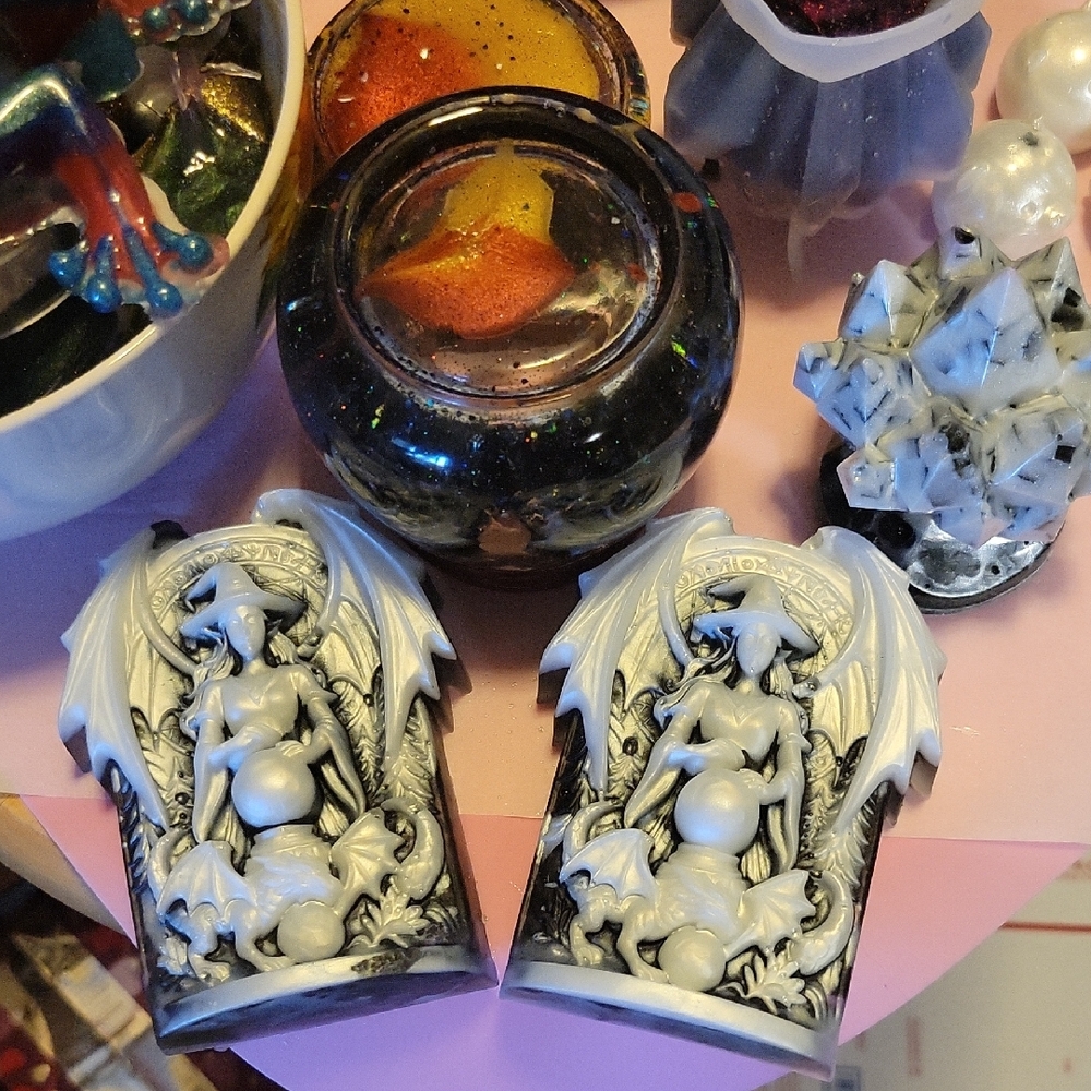 Black & White Gothic Dragon & Witch Resin Art Peices, Bookends, Or Paperweights